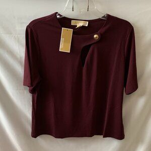 MICHAEL KORS Keyhole Button Crepe Top in Cordovan Sz LARGE